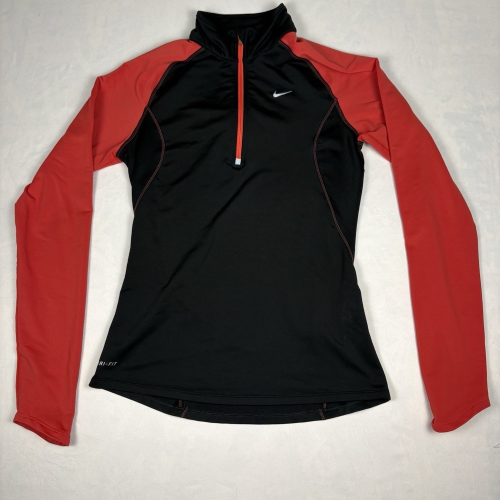 Nike Running Dri-Fit Half Zip Pullover Women's Small Black Coral Red Long Sleeve